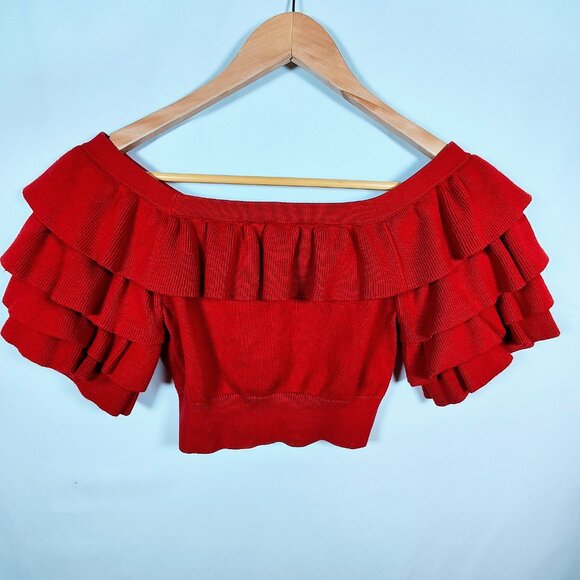 Marissa Webb Women's XS Red Off the Shoulder Ruffled Crop Top - Picture 2 of 8